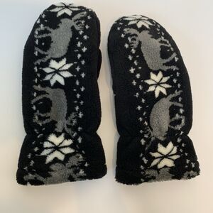 Vtg Polar Mitts Adult Medium Mittens Warm Fleece Nordic Fair Isle Moose Black